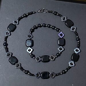 Hematite and obsidian Beaded Necklace and Bracelet Set